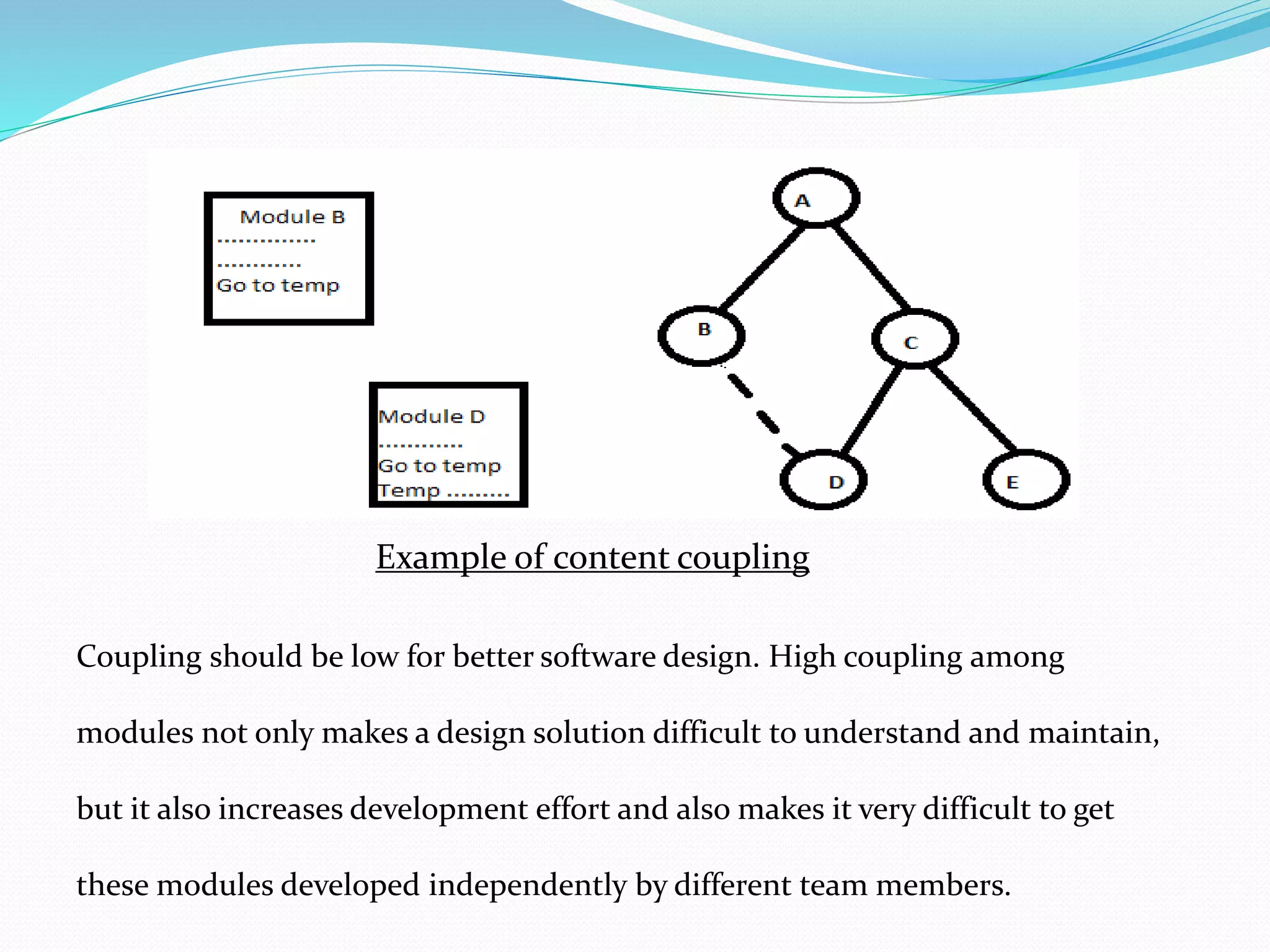 Example of content coupling
Coupling should be low for better software design. High coupling among
modules not only makes a design solution difficult to understand and maintain,
but it also increases development effort and also makes it very difficult to get
these modules developed independently by different team members.
 