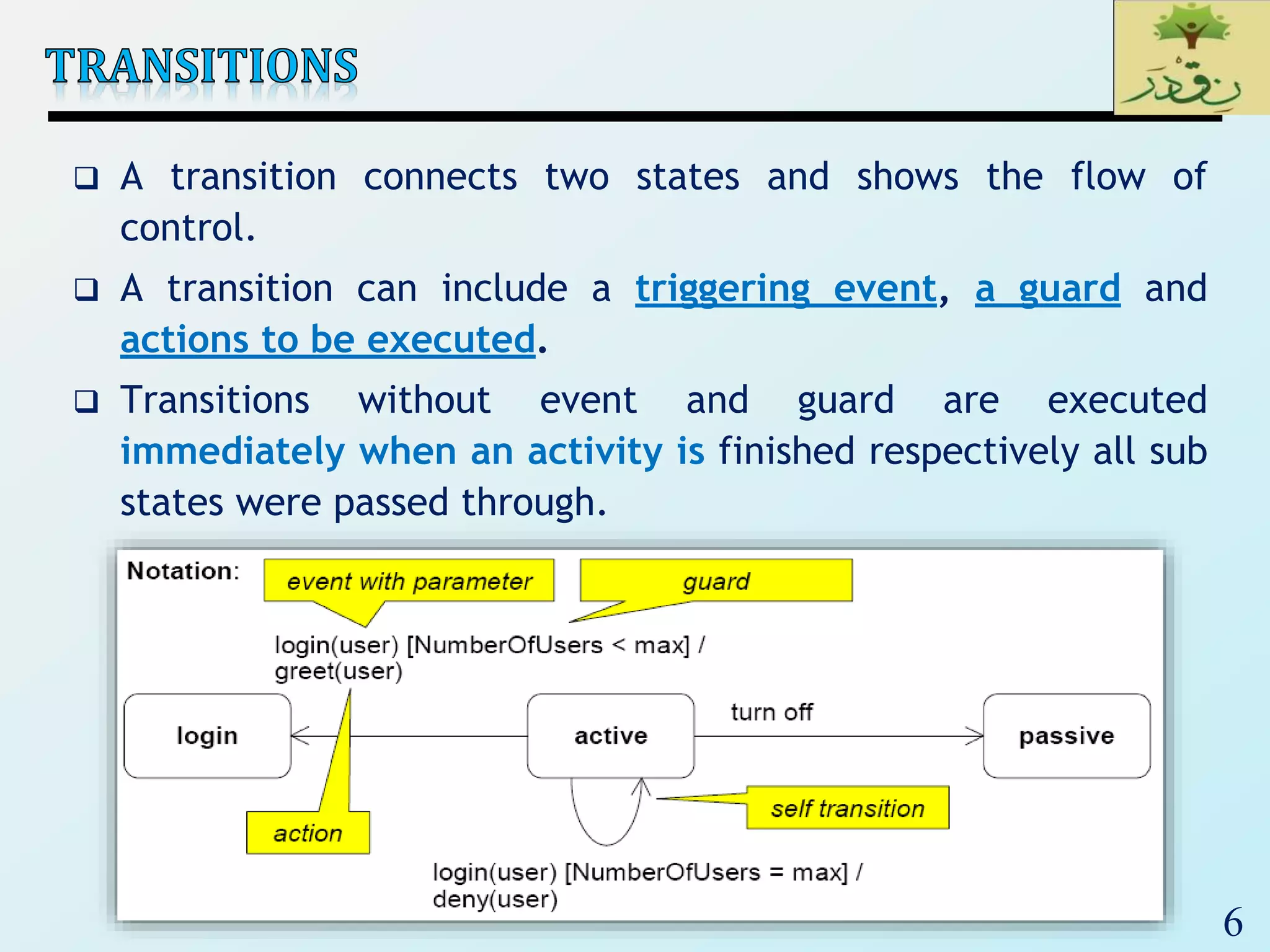 6
 A transition connects two states and shows the flow of
control.
 A transition can include a triggering event, a guard and
actions to be executed.
 Transitions without event and guard are executed
immediately when an activity is finished respectively all sub
states were passed through.
 