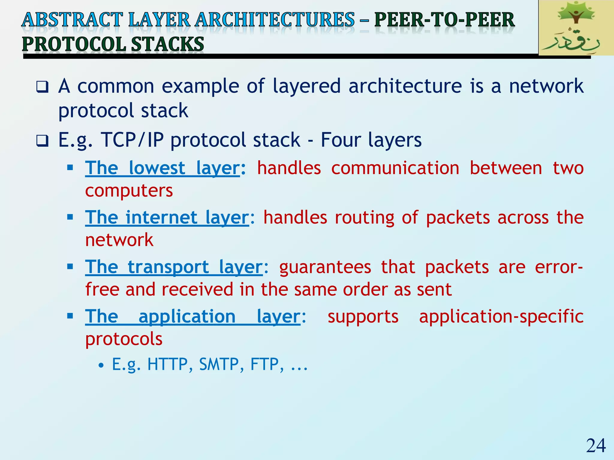 24
 A common example of layered architecture is a network
protocol stack
 E.g. TCP/IP protocol stack - Four layers
 The lowest layer: handles communication between two
computers
 The internet layer: handles routing of packets across the
network
 The transport layer: guarantees that packets are error-
free and received in the same order as sent
 The application layer: supports application-specific
protocols
• E.g. HTTP, SMTP, FTP, ...
 