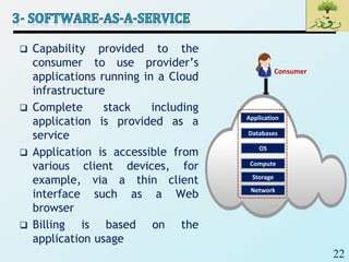 22
 Capability provided to the
consumer to use provider’s
applications running in a Cloud
infrastructure
 Complete stack including
application is provided as a
service
 Application is accessible from
various client devices, for
example, via a thin client
interface such as a Web
browser
 Billing is based on the
application usage
Consumer
Application
Databases
OS
Compute
Storage
Network
 