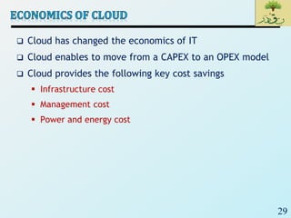 29
 Cloud has changed the economics of IT
 Cloud enables to move from a CAPEX to an OPEX model
 Cloud provides the following key cost savings
 Infrastructure cost
 Management cost
 Power and energy cost
 