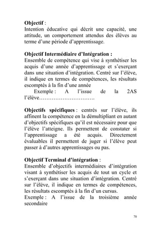 Objectif :
Intention éducative qui décrit une capacité, une
attitude, un comportement attendus des élèves au
terme d’une période d’apprentissage.
Objectif Intermédiaire d’Intégration :
Ensemble de compétence qui vise à synthétiser les
acquis d’une année d’apprentissage et s’exerçant
dans une situation d’intégration. Centré sur l’élève,
il indique en termes de compétences, les résultats
escomptés à la fin d’une année
Exemple : A l’issue de la 2AS
l’élève………………………….
Objectifs spécifiques : centrés sur l’élève, ils
affinent la compétence en la démultipliant en autant
d’objectifs spécifiques qu’il est nécessaire pour que
l’élève l’atteigne. Ils permettent de constater si
l’apprentissage a été acquis. Directement
évaluables il permettent de juger si l’élève peut
passer à d’autres apprentissages ou pas.
Objectif Terminal d’intégration :
Ensemble d’objectifs intermédiaires d’intégration
visant à synthétiser les acquis de tout un cycle et
s’exerçant dans une situation d’intégration. Centré
sur l’élève, il indique en termes de compétences,
les résultats escomptés à la fin d’un cursus.
Exemple : A l’issue de la troisième année
secondaire
70
 