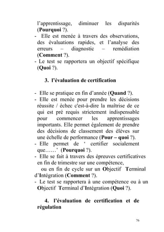 l’apprentissage, diminuer les disparités
(Pourquoi ?).
- Elle est menée à travers des observations,
des évaluations rapides, et l’analyse des
erreurs – diagnostic – remédiation
(Comment ?).
- Le test se rapportera un objectif spécifique
(Quoi ?).
3. l’évaluation de certification
- Elle se pratique en fin d’année (Quand ?).
- Elle est menée pour prendre les décisions
réussite / échec c'est-à-dire la maîtrise de ce
qui est pré requis strictement indispensable
pour commencer les apprentissages
importants. Elle permet également de prendre
des décisions de classement des élèves sur
une échelle de performance (Pour – quoi ?).
- Elle permet de ‘ certifier socialement
que……’ (Pourquoi ?).
- Elle se fait à travers des épreuves certificatives
en fin de trimestre sur une compétence,
ou en fin de cycle sur un Objectif Terminal
d’Intégration (Comment ?).
- Le test se rapportera à une compétence ou à un
Objectif Terminal d’Intégration (Quoi ?).
4. l’évaluation de certification et de
régulation
76
 