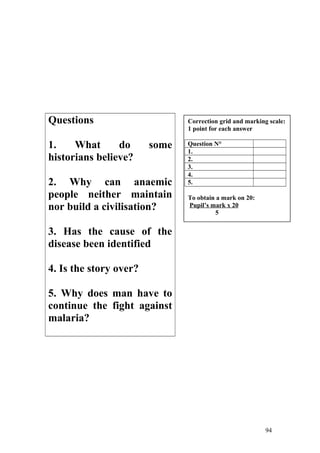Questions
1. What do some
historians believe?
2. Why can anaemic
people neither maintain
nor build a civilisation?
3. Has the cause of the
disease been identified
4. Is the story over?
5. Why does man have to
continue the fight against
malaria?
94
Correction grid and marking scale:
1 point for each answer
Question N°
1.
2.
3.
4.
5.
To obtain a mark on 20:
Pupil’s mark x 20
5
 