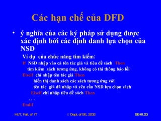 Các   hạn   chế   của   DFD ý   nghĩa   của   các   ký   pháp   sử   dụng   được   xác   định   bởi   các   định   danh   lựa   chọn   của   NSD Ví   dụ   của   chức   năng   tìm   kiếm : If   NSD   nhập   vào   cả   tên   tác   giả   và   tiêu   đề   sách   Then   tìm   kiếm   sách   tương   ứng ,  không   có   thì   thông   báo   lỗi Elseif   chỉ   nhập   tên   tác   giả   Then hiển   thị   danh   sách   các   sách   tương   ứng   với   tên   tác   giả   đã   nhập   và   yêu   cầu   NSD   lựa   chọn   sách Elseif   chỉ   nhập   tiêu   đề   sách   Then . . . Endif 