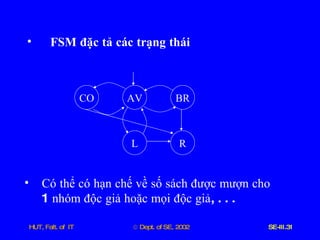 FSM   đặc   tả   các   trạng   thái CO AV BR L R Có   thể   có   hạn   chế   về   số   sách   được   mượn   cho  1  nhóm   độc   giả   hoặc   mọi   độc   giả , . . . 