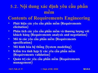 5.2.  Nội   dung   xác   định   yêu   cầu   phần   mềm Contents   of   Requirements   Engineering Phát   hiện   các   yêu   cầu   phần   mềm  ( Requirements   elicitation ) Phân   tích   các   yêu   cầu   phần   mềm   và   thương   lượng   với   khách   hàng  ( Requirements   analysis   and   negotiation ) Mô   tả   các   yêu   cầu   phần   mềm  ( Requirements   specification ) Mô   hình   hóa   hệ   thống  ( System   modeling ) Kiểm   tra   tính   hợp   lý   các   yêu   cầu   phần   mềm  ( Requirements   validation ) Quản   trị   các   yêu   cầu   phần   mềm  ( Requirements   management ) 