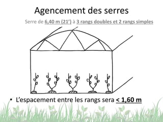 Agencement des serres
• L’espacement entre les rangs sera < 1,60 m
17
Serre de 6,40 m (21’) à 3 rangs doubles et 2 rangs simples
 