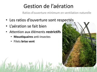Gestion de l’aération
20
Ratios d’ouverture minimum en ventilation naturelle
• Les ratios d’ouverture sont respectés
• L’aération se fait bien
• Attention aux éléments restrictifs
• Moustiquaires anti-insectes
• Filets brise vent
 