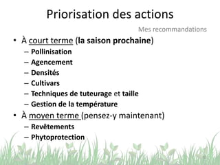 Priorisation des actions
• À court terme (la saison prochaine)
– Pollinisation
– Agencement
– Densités
– Cultivars
– Techniques de tuteurage et taille
– Gestion de la température
• À moyen terme (pensez-y maintenant)
– Revêtements
– Phytoprotection
53
Mes recommandations
 