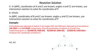 Resection Solution
5- In ∆APC, coordinates of A and C are known; angles x and C1 are known, use
intersection solution to solve for coordinates of P
6- Check:
In ∆BPC, coordinates of B and C are known; angles y and C2 are known, use
intersection solution to solve for coordinates of P
Example:
A theodolite was adjusted at station P and angles APC and CPB were observed and recorded as:
109.3045o and 115.0520o respectively. Ground coordinates of stations A, B and C are
respectively given as: A(1000.00, 5300.00); B(3100.00, 5000.00); C(2200.00, 6300.00)m
Compute the coordinates of station P.
C
P(E, N)?
y P x
A B
 
