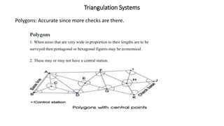 Triangulation Systems
Polygons: Accurate since more checks are there.
Polygons
1. When areas that are very wide in proportion to their lengths are to be
surveyed then pentagonal or hexagonal figures may be economical.
2. These may or may not have a central station.
 