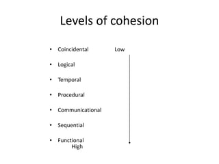 Levels of cohesion
• Coincidental Low
• Logical
• Temporal
• Procedural
• Communicational
• Sequential
• Functional
High
 