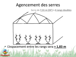 Agencement des serres
• L’espacement entre les rangs sera = 1,83 m
14
Serre de 7,31 m (24’) à 4 rangs doubles
 