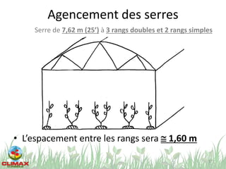 Agencement des serres
• L’espacement entre les rangs sera @ 1,60 m
17
Serre de 7,62 m (25’) à 3 rangs doubles et 2 rangs simples
 