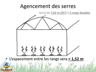 Agencement des serres
• L’espacement entre les rangs sera = 1,52 m
18
Serre de 7,62 m (25’) à 5 rangs doubles
 