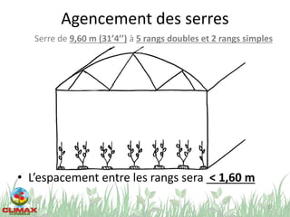 Agencement des serres
• L’espacement entre les rangs sera < 1,60 m
23
Serre de 9,60 m (31’4’’) à 5 rangs doubles et 2 rangs simples
 