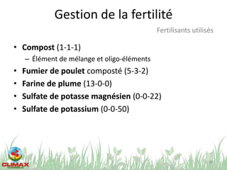 Gestion de la fertilité
66
Fertilisants utilisés
• Compost (1-1-1)
– Élément de mélange et oligo-éléments
• Fumier de poulet composté (5-3-2)
• Farine de plume (13-0-0)
• Sulfate de potasse magnésien (0-0-22)
• Sulfate de potassium (0-0-50)
 