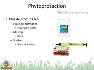 Phytoprotection
71
Produits phytosanitaires
• Plus de produits bio
– Huile de dormance
• Plusieurs insectes
– Milstop
• Blanc
– Soufre
• Blanc et acariens
 