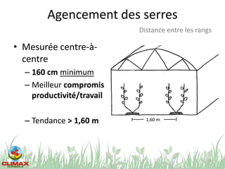 Agencement des serres
• Mesurée centre-à-
centre
– 160 cm minimum
– Meilleur compromis
productivité/travail
– Tendance > 1,60 m
9
Distance entre les rangs
1,60 m
 