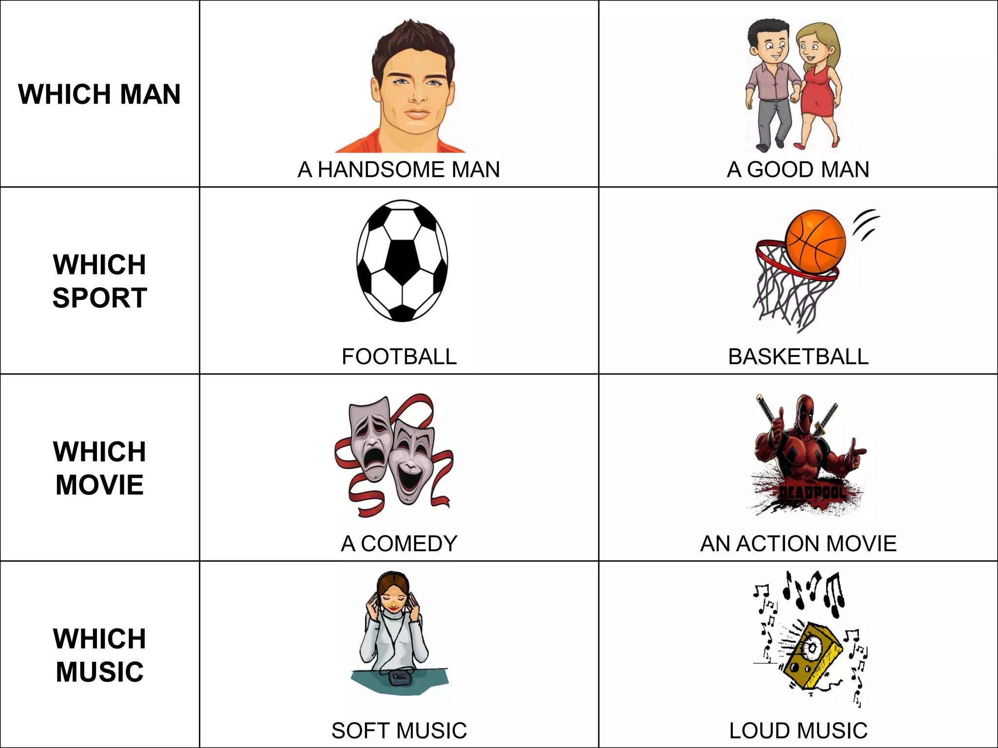 WHICH MAN
A HANDSOME MAN A GOOD MAN
WHICH
SPORT
FOOTBALL BASKETBALL
WHICH
MOVIE
A COMEDY AN ACTION MOVIE
WHICH
MUSIC
SOFT MUSIC LOUD MUSIC
 