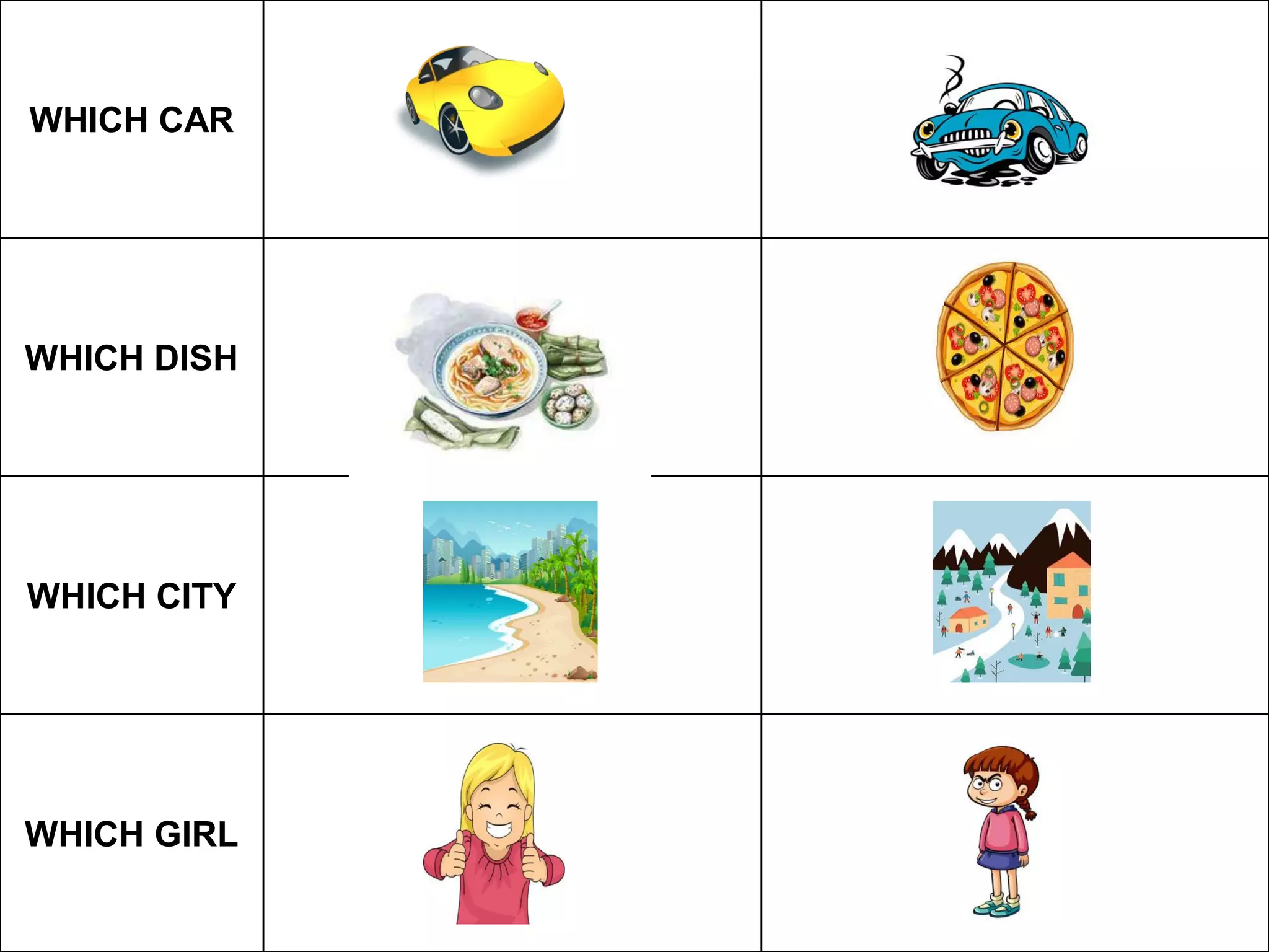 WHICH CAR
WHICH DISH
WHICH CITY
WHICH GIRL
 