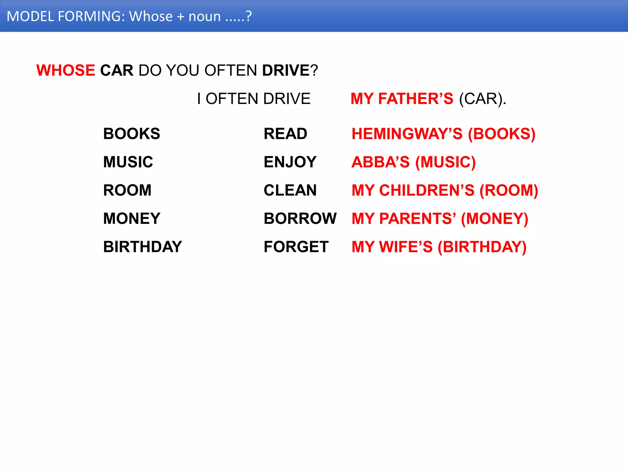 MODEL FORMING: Whose + noun .....?
WHOSE CAR DO YOU OFTEN DRIVE?
I OFTEN DRIVE MY FATHER’S (CAR).
BOOKS READ
MUSIC ENJOY
ROOM CLEAN
MONEY BORROW
BIRTHDAY FORGET
HEMINGWAY’S (BOOKS)
ABBA’S (MUSIC)
MY CHILDREN’S (ROOM)
MY PARENTS’ (MONEY)
MY WIFE’S (BIRTHDAY)
 
