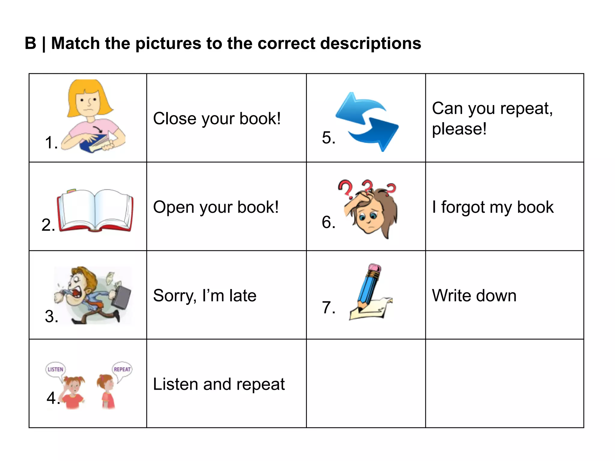 Close your book!
Can you repeat,
please!
Open your book! I forgot my book
Sorry, I’m late Write down
Listen and repeat
1.
2.
3.
4.
5.
6.
7.
B | Match the pictures to the correct descriptions
 