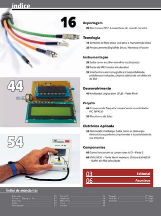 índice

                                                       16                                                    Reportagem
                                                                                                                     09 Electronica 2012. A maior feira do mundo no setor


                                                                                                             Tecnologia
                                                                                                                     16 Sensores de fibra ótica: uso geral e manutenção ótica
                                                                                                                     20 Processamento Digital de Sinais: Wavelets x Fourier


                                                                                                             Instrumentação
                                                                                                                     26 Saiba como escolher o melhor osciloscópio
                                                                                                                     29 Fonte de MAT (muito anta tensão)
                                                                                                                     32 Interferência eletromagnética: Compatibilidade,
                                                                                                                       problemas e soluções, projeto prático de um detector




44
                                                                                                                       de EMI


                                                                                                             Desenvolvimento
                                                                                                                     40 Analisador Lógico com CPLD – Parte Final


                                                                                                             Projeto
                                                                                                                     44 Conversor de Frequência usando microcontrolador
                                                                                                                       PIC 18F4520
                                                                                                                     50 Plataforma de Salto


                                                                                                             Eletrônica Aplicada
                                                                                                                     54 Eletrostatic Discharge: Saiba como as descargas




54
                                                                                                                       eletrostáticas podem comprometer a lucratividade da
                                                                                                                       sua empresa


                                                                                                             Componentes
                                                                                                                     60 Como funcionam os conversores A/D – Parte 2
                                                                                                                     66 VNH3SP30 – Ponte H em Invólucro Único e LMH6559
                                                                                                                       – Buffer de Alta Velocidade




                                                                                                                     03                                                                                                             Editorial

                                                                                                                     06                                                                                                          Acontece


Índice de anunciantes
   Renesas .................................      05   Farnell .......................................                                                      31   M o u s e r . . . . . . . . . . . . . . . . . . . . . . . . . . . . . . . . . . . . . . . . . . . 2 ª C ap a
   Circuit Design, Inc ..................         07   Globtek .......................................                                                      35   FIEE 2013 ...................................... 3ª Capa
   Renesas ...................................    19   Metaltex .....................................                                                       43   National ........................................... 4ª Capa
   Cika ......................................    25   Ta t o . . . . . . . . . . . . . . . . . . . . . . . . . . . . . . . . . . . . . . . . . . . . . .   47
   Honeywell ..................................   27   Patola ...........................................                                                   47

   4 I SABER ELETRÔNICA 464 I Setembro/Outubro 2012
 