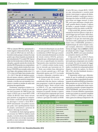 Desenvolvimento

                                                                                                  A tecla SW2 tem a função RUN / STOP,
                                                                                                  ou seja, manualmente o usuário pode
                                                                                                  iniciar e interromper a captura de dados.
                                                                                                  Esta tecla também é usada para iniciar a
                                                                                                  descarga dos dados na RAM via serial e
                                                                                                  para forçar um trigger manual. A chave
                                                                                                  SW3 serve para selecionar a função prin-
                                                                                                  cipal: quando aberta a função, é captura
                                                                                                  de dados, e quando fechada a função é
                                                                                                  descarga (unload) dos dados via RS-232.
                                                                                                      O dip-switch SW4 permite escolher a
                                                                                                  entrada de clock de captura e o tipo de si-
                                                                                                  nal de trigger que será usado. Além disso,
                                                                                                  SW4 possui mais duas chaves de seleção
                                                                                                  (posições 5 e 6) que são reservadas para
                                                                                                  uso futuro onde a aplicação de um CPLD
                             F2. Exemplo de janela do programa ACX que funciona em ambiente       maior como o XCR3128XL permitiria a
                                             Windows e permite visualizar os dados capturados.    implementação de outras funções como,
                                                                                                  por exemplo, diferentes e sofisticadas
TXD no conector DB-9 fica apresentando a              A fonte de alimentação usa um diodo         formas de trigger. Veja na tabela 1 a tabela
tensão negativa vinda através de R31. Quan-       zener para garantir o limite de 3,3 V que       de seleção de clock e trigger. Finalmente,
do a saída do CPLD está em nível alto, o          vai alimentar o CPLD. Note que a memó-          a tecla SW5, RESET, serve para inicializar
transistor conduz porque o emissor fica mais      ria está conectada diretamente na entrada       os contadores internos do CPLD.
positivo que a base, forçando uma tensão de       de tensão externa (VCCX), portanto,                 O dip-switch SW1 contém 8 chaves
aproximadamente 3 V na saída TXD. Apesar          obrigando que a alimentação seja compa-         para selecionar um valor de um byte que
deste nível de tensão estar no limite das espe-   tível com as especificações da memória.         será usado para comparação com os dados
cificações, a grande maioria dos circuitos de     Tipicamente estas memórias funcionam            de entrada. No caso do modo de trigger
interface RS-232 presentes nos computadores       em 5 V, contudo existem muitas memó-            ser do tipo MATCH (comparação de igual-
de mesa e laptops admite tensões bem mais         rias no mercado que funcionam em 3,3            dade), o resultado da comparação poderá
baixas. O MAX232, por exemplo, aceita como        V. Neste caso existem duas alternativas         disparar o início da captura. As chaves
nível lógico alto qualquer tensão entre 1,7 e     para o circuito: garantir que o ACX seja        SW4 e SW1 não têm finalidade durante a
15 V e como nível lógico baixo tensões entre      alimentado apenas com 3,3 V, ou mudar           descarga dos dados.
–15 e +0,8 V. Este tipo de tolerância permi-      o circuito e alimentar a memória com a              É importante indicar que, diferente-
tiria até mesmo conectar a saída do CPLD          tensão fornecida pelo diodo zener.              mente do que foi publicado na primeira
diretamente na porta serial do computador,            A última parte do circuito a ser            parte deste artigo, a capacidade de endere-
contudo, o circuito com um transistor é eco-      considerada trata das chaves e seletores        çamento da memória RAM ficou limitada a
nômico e mantém as tensões de saída mais          para programar o modo de operação do            4096 posições em vez de 32768. Esta e ou-
próximas das especificações.                      analisador lógico. Neste circuito estão         tras pequenas modificações foram neces-
     Finalmente, emprega-se diodos e re-          os LEDs D1 e D2 que, respectivamente,           sárias para acomodar o projeto integral no
sistores para limitar a tensão de entrada         indicam quando o processo selecionado           CPLD XCR3064XL, que possui 64 macro-
nos dois inversores do 74HC14 que vão             terminou ou quando, durante a captura,          células. O circuito eletrônico apresentado
suprir o CPLD com os sinais RTS e DTR             o ACX está pronto e esperando que ocorra        mostra que existem as conexões completas
vindos da RS-232. Estes sinais servem             um sinal de trigger (gatilho) para iniciar      entre o CPLD e a RAM para atender a
para permitir ao programa no computa-             a leitura e gravação dos dados na RAM.          toda a gama de endereços disponíveis. Os
dor mudar o modo de operação (captura
ou descarga) e acionar a tecla RUN /              SW4
                                                                                Modo                            Observações
STOP remotamente. Um prático recurso              1     2   3    4    5    6
que pode, num aperfeiçoamento futuro              0     0   x    x    x    x    Clock interno máximo            400 ns entre cada captura
do projeto, automatizar o processo de             0     1   x    x    x    x    Clock externo (ECLK)
captura e descarga da memória.                    1     0   x    x    x    x    Clock externo invertido
     O oscilador de clock emprega apenas          1     1   x    x    x    x    Clock manual                    Força trigger manual
um inversor do 74HC14. Embora muito               x     x   0    0    x    x    Trigger manual
simples, o circuito oferece boa estabilida-       x     x   0    1    x    x    Trigger externo (trigx)
                                                                                                                                             T1.
de. O cristal deve ser do tipo ressonância        x     x   1    0    x    x    Trigger externo invertido
                                                                                                                                          Modos
paralela (o mais comumente empregado              x     x   1    1    x    x    Trigger externo MATCH           Atuado quando Din = SW1      de
com microcontroladores).                          x     x   x    x    -    -    Chaves 5 e 6 não são usadas     Reservado para uso futuro opera-
                                                                                                                                            ção.


42 I SABER ELETRÔNICA 466 I Novembro/Dezembro 2012
 