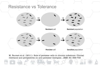 M. Fauvart et al. (2011): Role of persister cells in chronic infections: Clinical
relevance and perspectives on anti-persister therapies. JMM. 60: 699-709
Resistance vs Tolerance
 