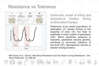 Schematic model of killing and
persistence kinetics during
antimicrobial therapy
Treatment of an initial population of
pathogens (I) causes killing of the
majority of cells (II) but fails to
eradicate a small subset of persisters
(III). When antibiotic pressure is
removed, persisters resume growth,
resulting in recurrent infection of
the host (IV). Retreatment results in
similar killing kinetics.
NR Cohen et al. (2013): Microbial Persistence and the Road to Drug Resistance. Cell
Host & Microbe. 13: 632-42
Resistance vs Tolerance
 