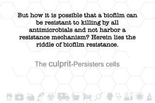 But how it is possible that a biofilm can
be resistant to killing by all
antimicrobials and not harbor a
resistance mechanism? Herein lies the
riddle of biofilm resistance.
The culprit-Persisters cells
 
