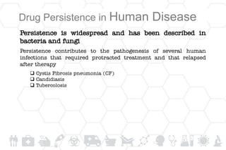 Drug Persistence in Human Disease
Persistence is widespread and has been described in
bacteria and fungi
Persistence contributes to the pathogenesis of several human
infections that required protracted treatment and that relapsed
after therapy
 Cystis Fibrosis pneumonia (CF)
 Candidiasis
 Tubercolosis
 