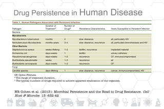 Drug Persistence in Human Disease
NR Cohen et al. (2013): Microbial Persistence and the Road to Drug Resistance. Cell
Host & Microbe. 13: 632-42
CF, Cystic Fibrosis.
a The range of treatment duration,
b The typical numbers of drugs required to achieve apparent eradication of the organism.
 
