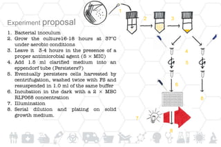 1
2 3
4
5
6
7
8
8
Experiment proposal
1. Bacterial inoculum
2. Grow the culture16-18 hours at 37°C
under aerobic conditions
3. Leave it 3-4 hours in the presence of a
proper antimicrobial agent (5 × MIC)
4. Add 1.5 ml clarified medium into an
eppendorf tube (Persisters?)
5. Eventually persisters cells harvested by
centrifugation, washed twice with FS and
resuspended in 1.0 ml of the same buffer
6. Incubation in the dark with a 2 × MBC
RLP068 concentration
7. Illumination
8. Serial dilution and plating on solid
growth medium.
 