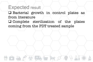 Expected result
 Bacterial growth in control plates as
from literature
 Complete sterilization of the plates
coming from the PDT treated sample
 