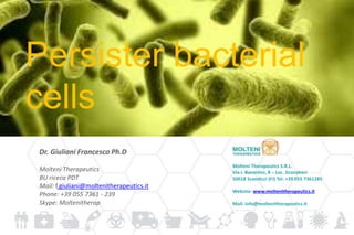 Persister bacterial
cells
Dr. Giuliani Francesco Ph.D
Molteni Therapeutics
BU riceca PDT
Mail: f.giuliani@moltenitherapeutics.it
Phone: +39 055 7361 - 239
Skype: Moltenitherap
Molteni Therapeutics S.R.L.
Via I. Barontini, 8 – Loc. Granatieri
50018 Scandicci (FI) Tel. +39 055 7361285
Website: www.moltenitherapeutics.it
Mail: info@moltenitherapeutics.it
 