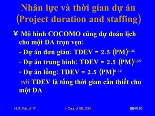 Nhân   lực   và   thời   gian   dự   án  ( Project   duration   and   staffing ) Mô   hình   COCOMO   cũng   dự   đoán   lịch   cho   một   DA   trọn   vẹn : -  Dự   án   đơn   giản :  TDEV  = 2.5 ( PM ) 0.38 -  Dự   án   trung   bình :  TDEV  = 2.5 ( PM ) 0.35 -  Dự   án   lồng :  TDEV  = 2.5 ( PM ) 0.32 với   TDEV   là   tổng   thời   gian   cần   thiết   cho   một   DA 