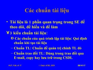 Các   chuẩn   tài   liệu Tài   liệu   là  1  phần   quan   trọng   trong   SE   để   theo   dõi ,  để   hiểu   và   để   làm 3  kiểu   chuẩn   tài   liệu : Các   chuẩn   của   quá   trình   lập   tài   liệu :  Qui   định   chuẩn   khi   tạo   tài   liệu Chuẩn   TL :  Chuẩn   để   quản   trị   chính   TL   đó Chuẩn   trao   đổi   TL :  Dùng   trong   trao   đổi   qua   E - mail ,  copy   hay   lưu   trữ   trong   CSDL 