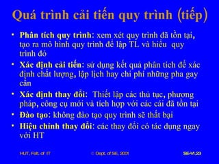 Quá   trình   cải   tiến   quy   trình  ( tiếp ) Phân   tích   quy   trình :  xem   xét   quy   trình   đã   tồn   tại ,  tạo   ra   mô   hình   quy   trình   để   lập   TL   và   hiểu   quy   trình   đó Xác   định   cải   tiến :   sử   dụng   kết   quả   phân   tích   để   xác   định   chất   lượng ,  lập   lịch   hay   chi   phí   những   pha   gay   cấn Xác   định   thay   đổi :   Thiết   lập   các   thủ   tục ,  phương   pháp ,  công   cụ   mới   và   tích   hợp   với   các   cái   đã   tồn   tại Đào   tạo :   không   đào   tạo   quy   trình   sẽ   thất   bại Hiệu   chỉnh   thay   đổi :   các   thay   đổi   có   tác   dụng   ngay   với   HT 