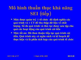 Mô   hình   thuần   thục   khả   năng   SEI  ( tiếp ) Mức   được   quản   trị : 1  tổ   chức   đã   định   nghĩa   các   quá   trình   và  1  CT   để   thu   thập   dữ   liệu   về   chất   lượng .  Số   đo   quá   trình   và   thủ   rục   được   sưu   tập   cho   quá   các   hoạt   động   của   quá   trình   cải   tiến Mức   tối   ưu :  Đã   thoả   thuận   tiếp   tục   quá   trình   cải   tiến .  Quá   trình   này   có   ngân   sách   và   kế   hoạch   để   thực   hiện   và   là   phần   tích   hợp   của   quá   trình   tổ   chức 