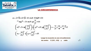 26
LA CIRCUNFERENCIA
Luego la ecuación es una circunferencia
de centro C (3/2 , -5/2) y radio 5
5
2
5
y
2
3
x
5
4
25
4
9
2
7
2
5
5yy
2
3
3x-x
0
2
7
5y3xyx
0710y6x2y2xa.
22
2
2
2
2
22
22














































 