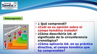 Metacognición
• ¿ Qué comprendí?
• ¿Cuál es su opinión sobre el
campo temático tratado?
• ¿Cómo describiría Ud. el
significado de la circunferencia
cronológica?
• ¿Cómo aplicaría Ud. en su práctica
directiva, el campo temático que
ha comprendido?
 