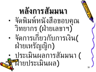 หลังการสัมมนา จัดพิมพ์หนังสือขอบคุณวิทยากร  ( ฝ่ายเลขาฯ ) จัดการเกี่ยวกับการเงิน ( ฝ่ายเหรัญญิก ) ประเมินผลการสัมมนา  ( ฝ่ายประเมินผล ) 