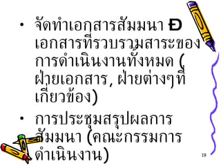 จัดทำเอกสารสัมมนา  – เอกสารที่รวบรวมสาระของการดำเนินงานทั้งหมด  ( ฝ่ายเอกสาร ,  ฝ่ายต่างๆที่เกี่ยวข้อง ) การประชุมสรุปผลการสัมมนา  ( คณะกรรมการดำเนินงาน ) จัดทำรายงานผลการจัดสัมมนา  ( ฝ่ายเลขาฯ และฝ่ายที่เกี่ยวข้อง ) 