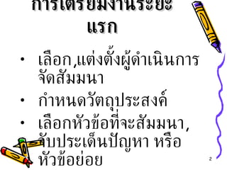 การเตรียมงานระยะแรก เลือก , แต่งตั้งผู้ดำเนินการจัดสัมมนา กำหนดวัตถุประสงค์ เลือกหัวข้อที่จะสัมมนา ,  จับประเด็นปัญหา หรือหัวข้อย่อย ตกลงวิธีการสัมมนา 