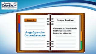 Campo Temático:Sesión 5
Ángulos en la
Circunferencia
-Ángulos en la Circunferencia
-Problemas Casuísticos
-Prevención y Curación
 