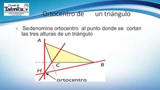  Sedenomina ortocentro al punto donde se cortan
las tres alturas de un triángulo
Ortocentro de un triángulo
 