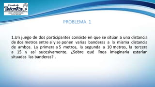 1.Un juego de dos participantes consiste en que se sitúan a una distancia
de dos metros entre sí y se ponen varias banderas a la misma distancia
de ambos. La primera a 5 metros, la segunda a 10 metros, la tercera
a 15 y así sucesivamente. ¿Sobre qué línea imaginaria estarían
situadas las banderas? .
 